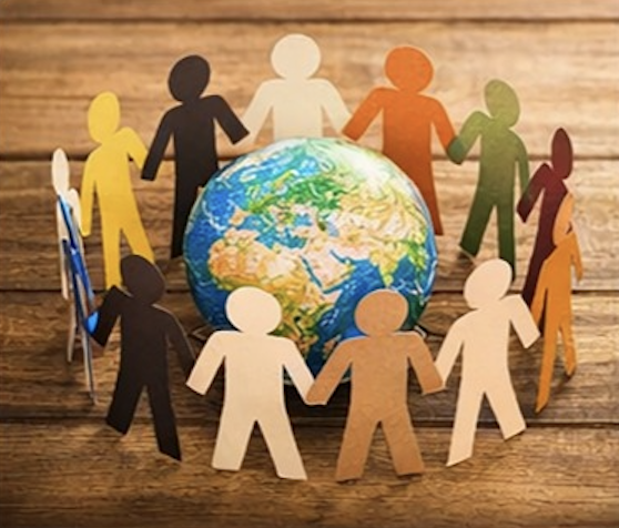 Paper cutout people around a globe