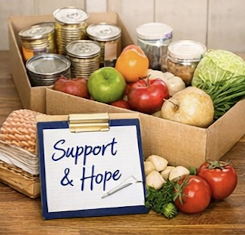 Food donation box with Support and Hope clipboard